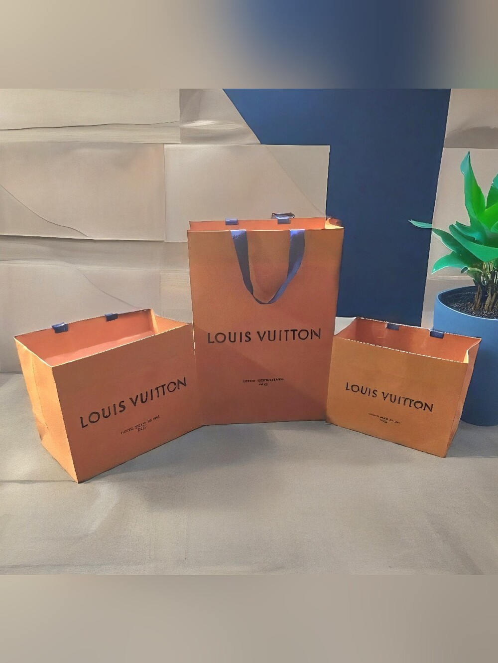Louis Vuitton Orange Shopping Bags with Blue Ribbon Handles - Trio EUC - Picture 4 of 8